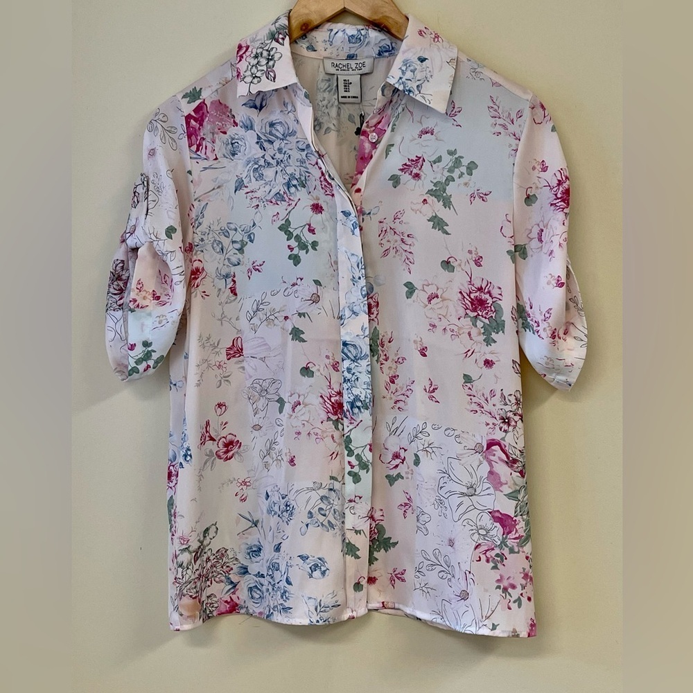 NWT Rachel Zoe Relaxed Button-Down Blouse – Pink & Blue Print, Size Small